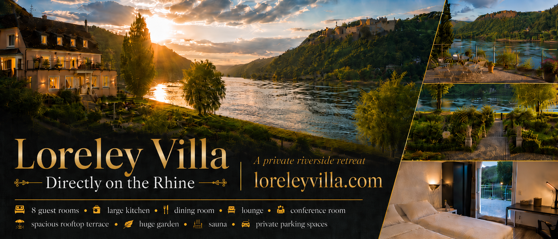 Loreley Villa on the Rhine at sunset — directly on the Rhine